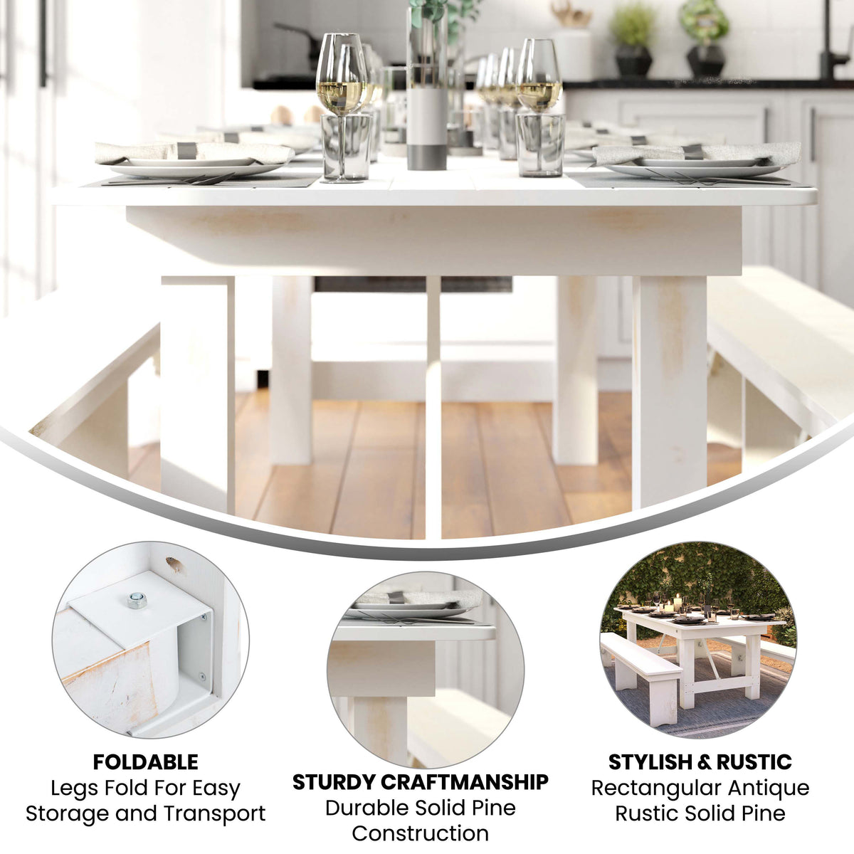 Antique Rustic White |#| 8' x 40" Rectangular Antique Rustic White Solid Pine Folding Farm Table