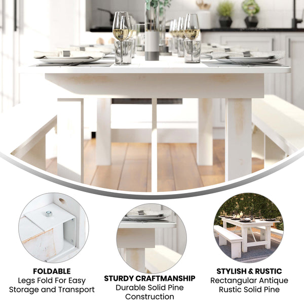 Antique Rustic White |#| 8' x 40" Rectangular Antique Rustic White Solid Pine Folding Farm Table