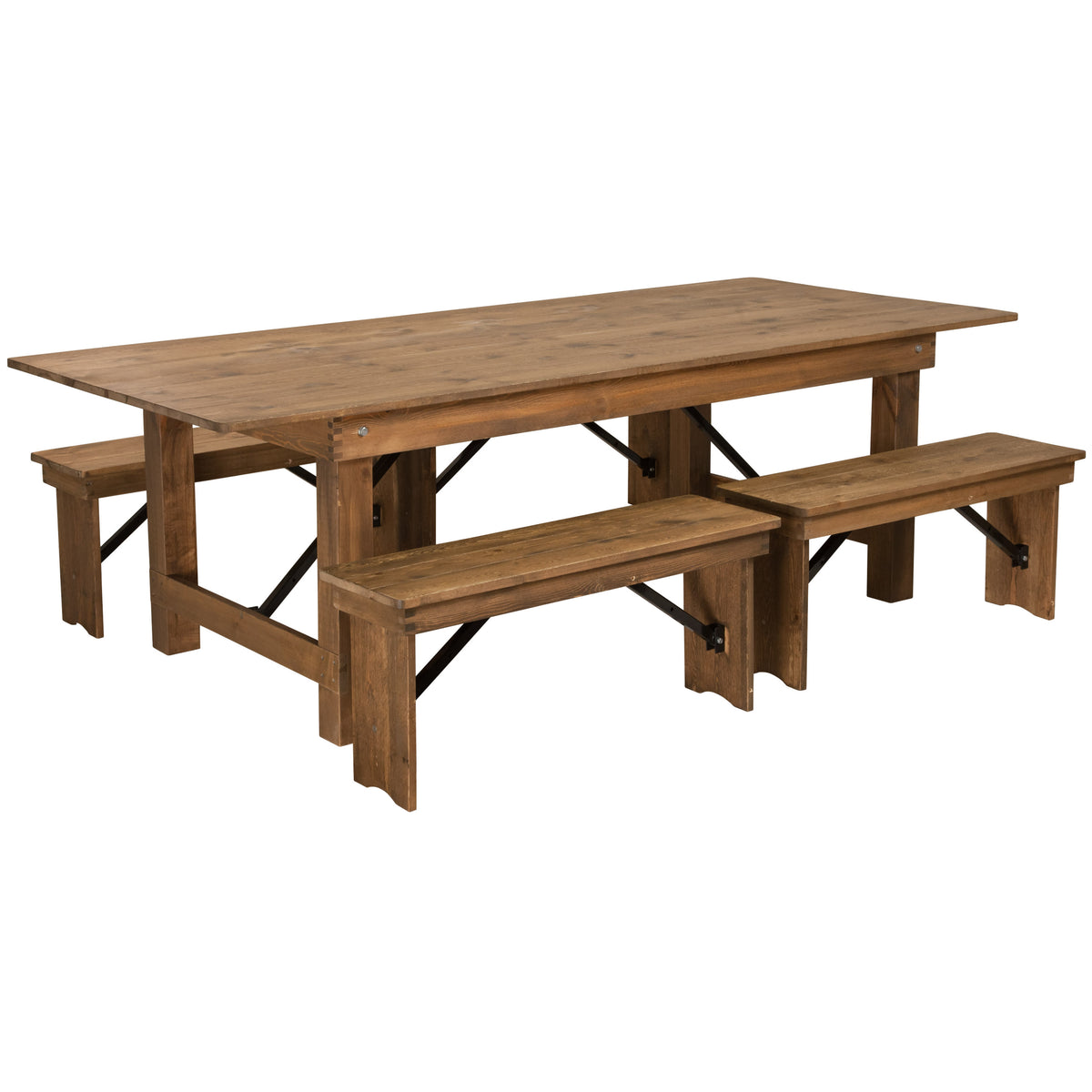 Antique Rustic |#| 8' x 40inch Antique Rustic Folding Farm Table and Four 40.25inchL Bench Set