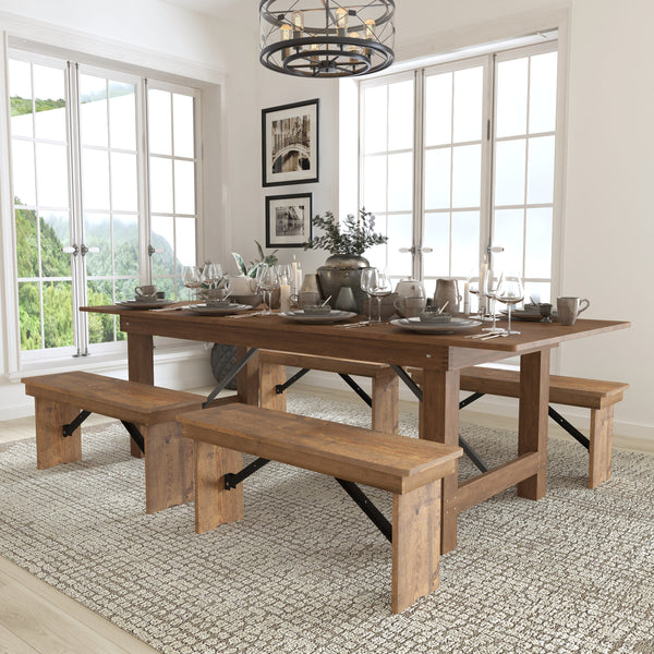 Antique Rustic |#| 8' x 40inch Antique Rustic Folding Farm Table and Four 40.25inchL Bench Set
