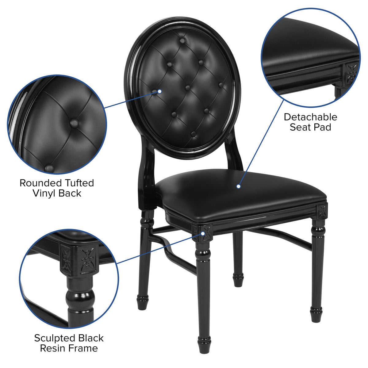 Black Vinyl/Black Frame |#| 900 lb. Capacity King Louis Chair w/ Tufted Back, Black Vinyl Seat & Black Frame