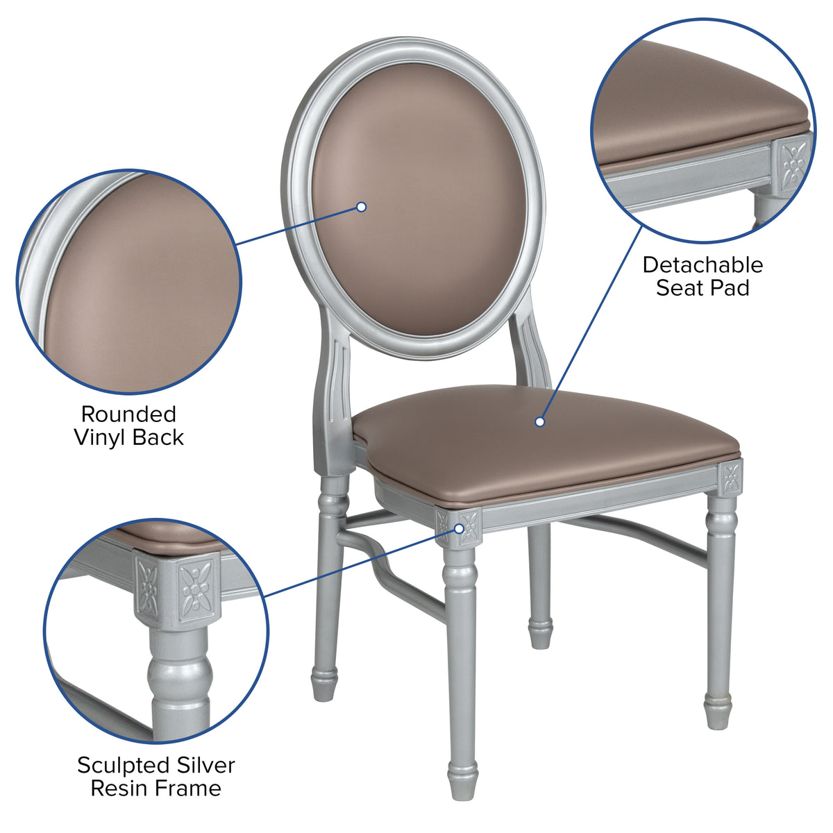 Taupe Vinyl/Silver Frame |#| 900 lb. Capacity King Louis Chair with Taupe Vinyl Back & Seat and Silver Frame
