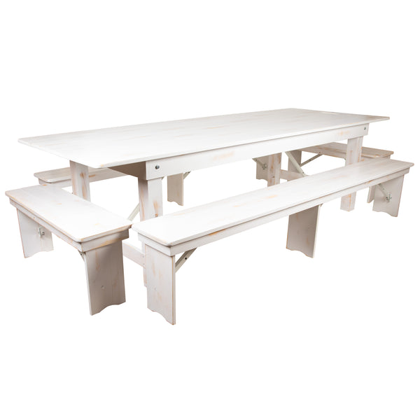 Antique Rustic White |#| 5 Piece Set-9' x 40inch Antique Rustic White Folding Farm Table and Four Bench Set