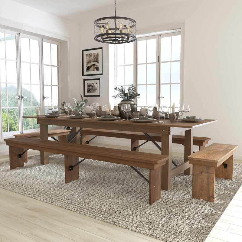 Antique Rustic |#| 9' x 40inch Antique Rustic Folding Farm Table and Four Bench Set