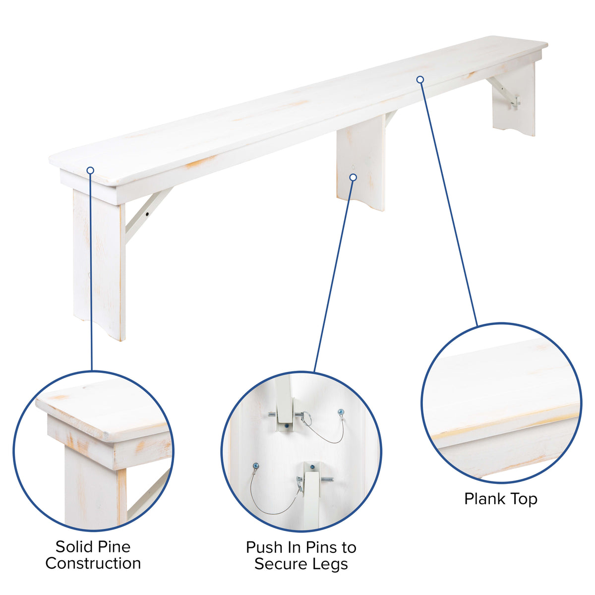 Antique Rustic White |#| 5 Piece Set-9' x 40inch Antique Rustic White Folding Farm Table and Four Bench Set