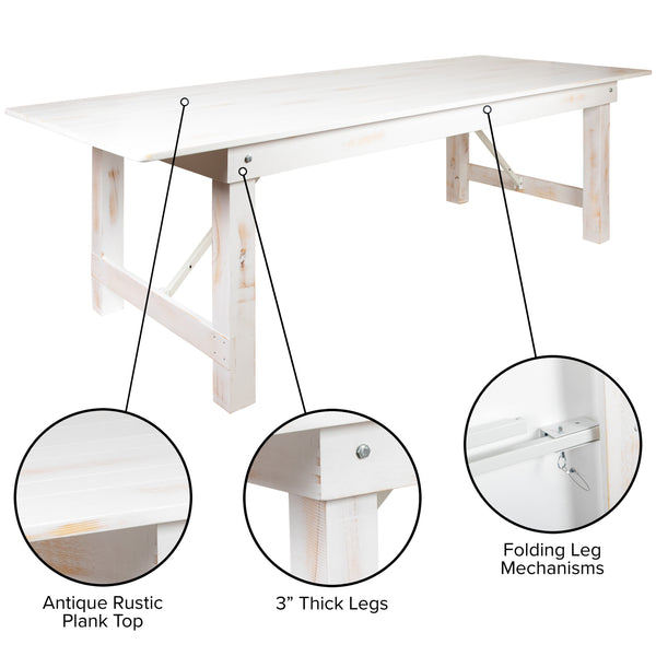 Antique Rustic White |#| 9' x 40" Rectangular Antique Rustic White Solid Pine Folding Farm Table