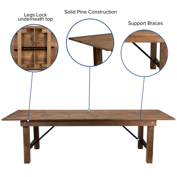 9' x 40inch Rustic Folding Farm Table Set with 8 Cross Back Chairs and Cushions