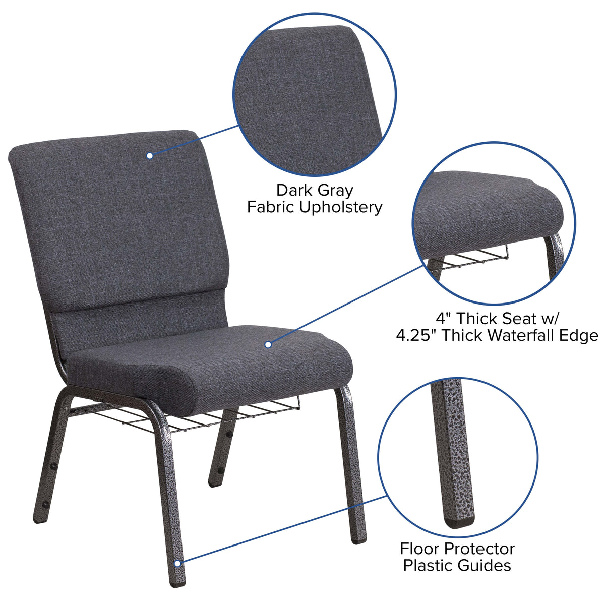 Auditorium Chair - 19inch Seat - Dark Gray Fabric/Silver Vein Frame - Book Rack