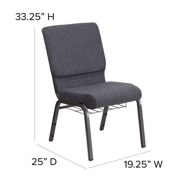 Auditorium Chair - 19inch Seat - Dark Gray Fabric/Silver Vein Frame - Book Rack