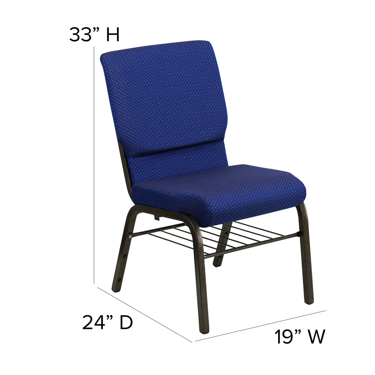 Auditorium Chair - 19inch Seat - Navy Dot Fabric/Gold Vein Frame - Book Rack