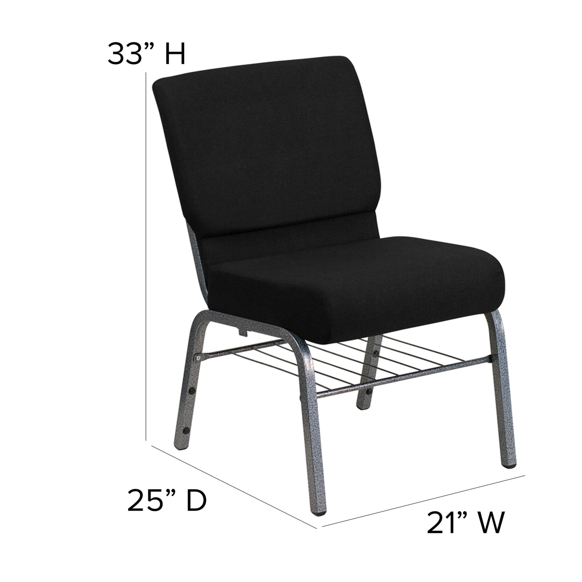 Auditorium Chair - Black Fabric/Silver Vein Frame - 21inch Seat - Book Rack