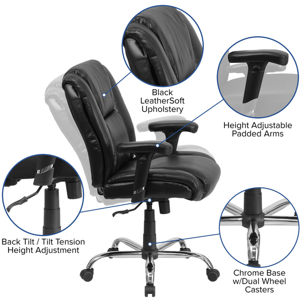 Big & Tall 400 lb. Rated Black LeatherSoft Chair w/Chrome Base & Adjustable Arms