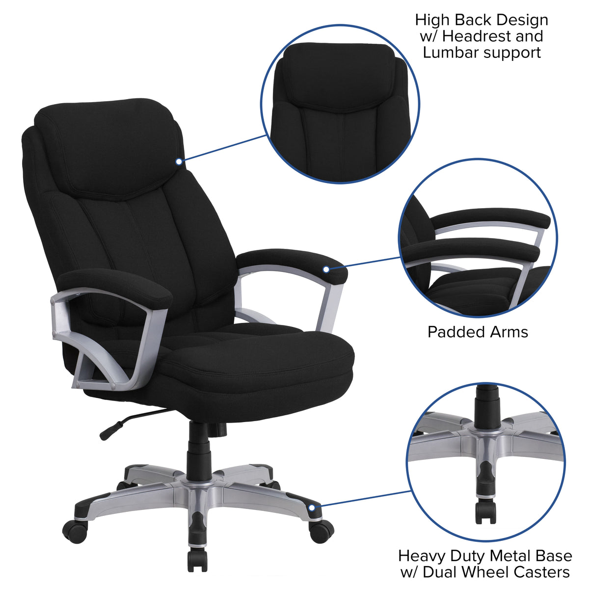 Black Fabric |#| Big & Tall 500 lb. Rated Black Fabric Executive Swivel Ergonomic Office Chair