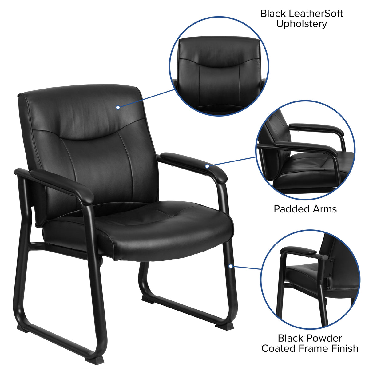 Big & Tall 500 lb. Rated Black LeatherSoft Executive Reception Chair-Sled Base