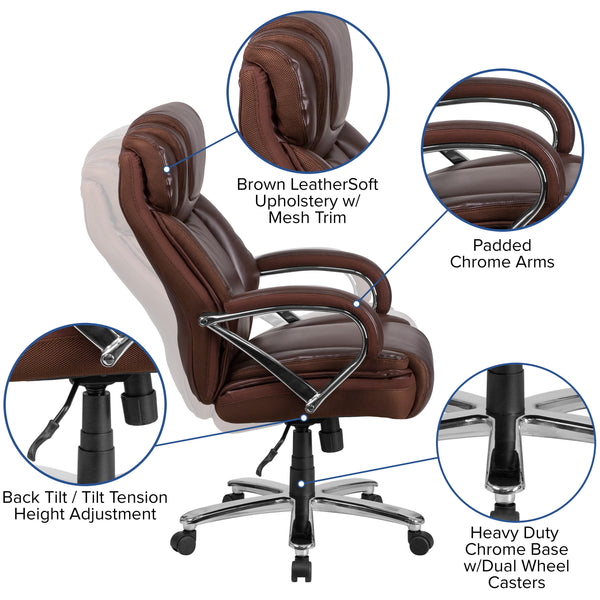 Brown |#| Big & Tall 500 lb. Rated Brown LeatherSoft Swivel Office Chair w/Extra Wide Seat