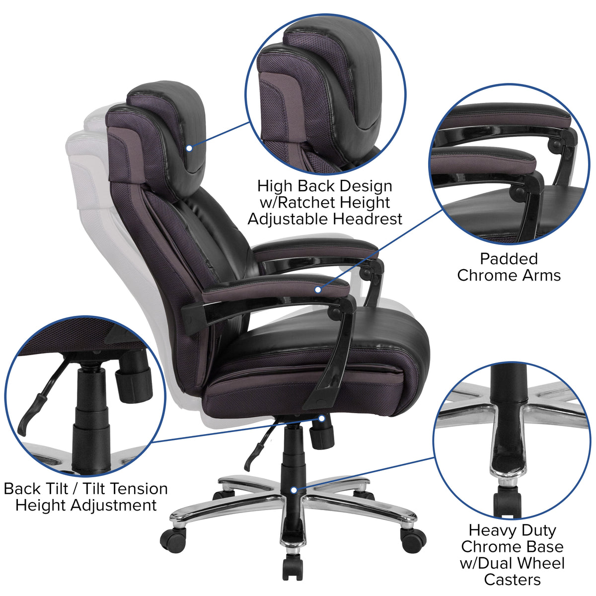 Black |#| Big & Tall 500 lb. Rated Black LeatherSoft Ergonomic Chair w/Adjustable Headrest