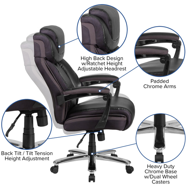 Black |#| Big & Tall 500 lb. Rated Black LeatherSoft Ergonomic Chair w/Adjustable Headrest