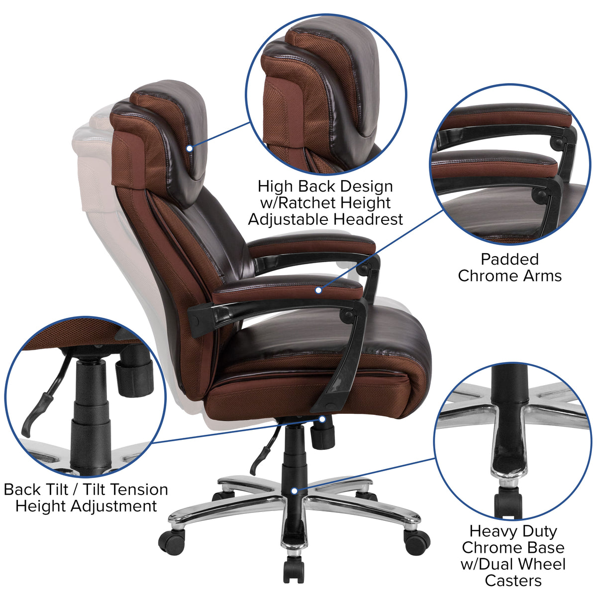 Brown |#| Big & Tall 500 lb. Rated Brown LeatherSoft Ergonomic Chair w/Adjustable Headrest