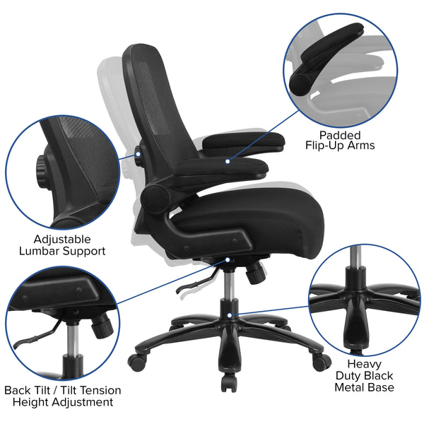 Black Fabric |#| Big & Tall 500 lb. Rated Black Mesh/Fabric Ergonomic Chair w/ Adjustable Lumbar