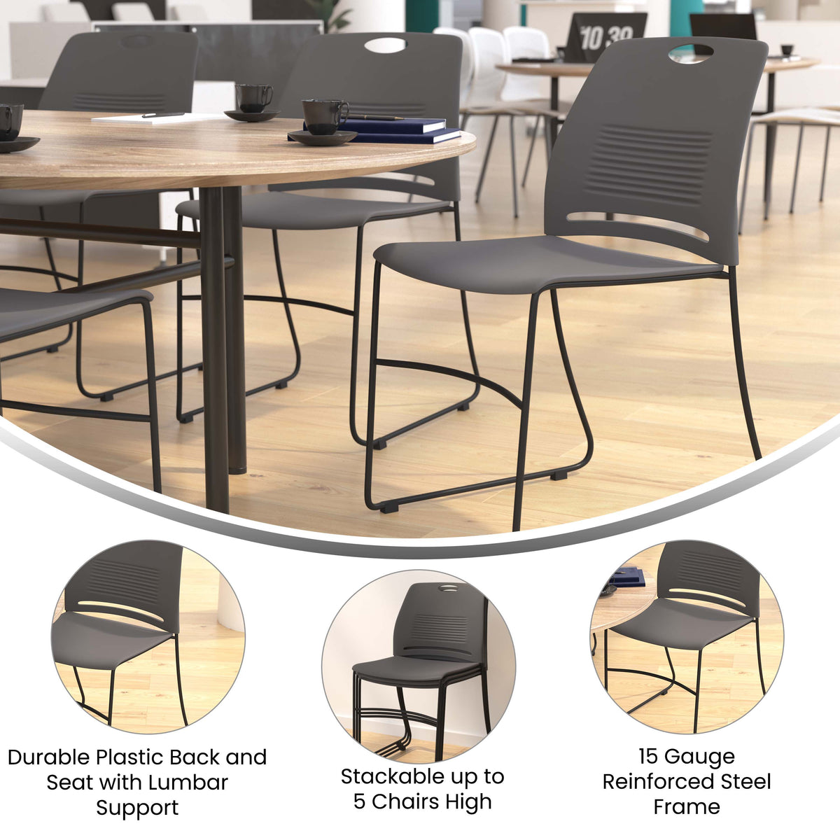 Gray |#| Commercial Grade 660 LB. Capacity Plastic Stack Chair with Steel Sled Base-Gray