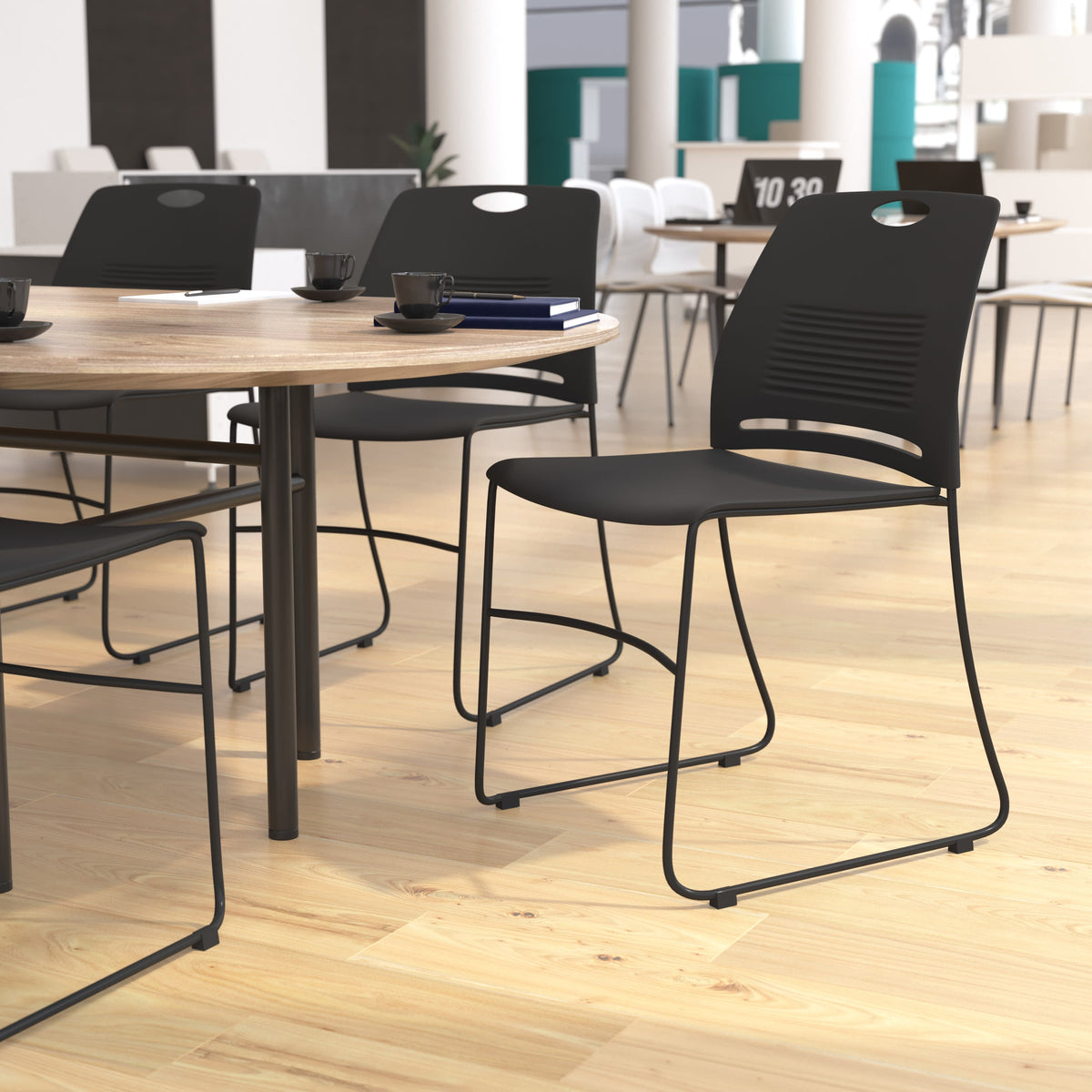 Black |#| Commercial Grade 660 LB. Capacity Plastic Stack Chair with Steel Sled Base-Black