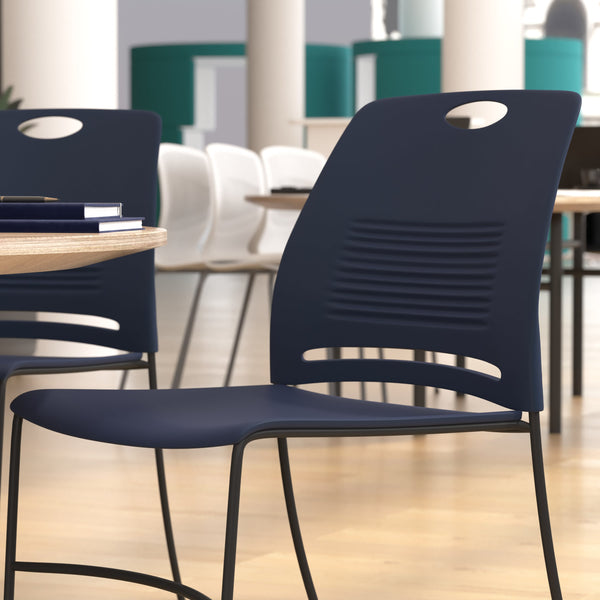 Navy |#| Commercial Grade 660 LB. Capacity Plastic Stack Chair with Steel Sled Base-Navy