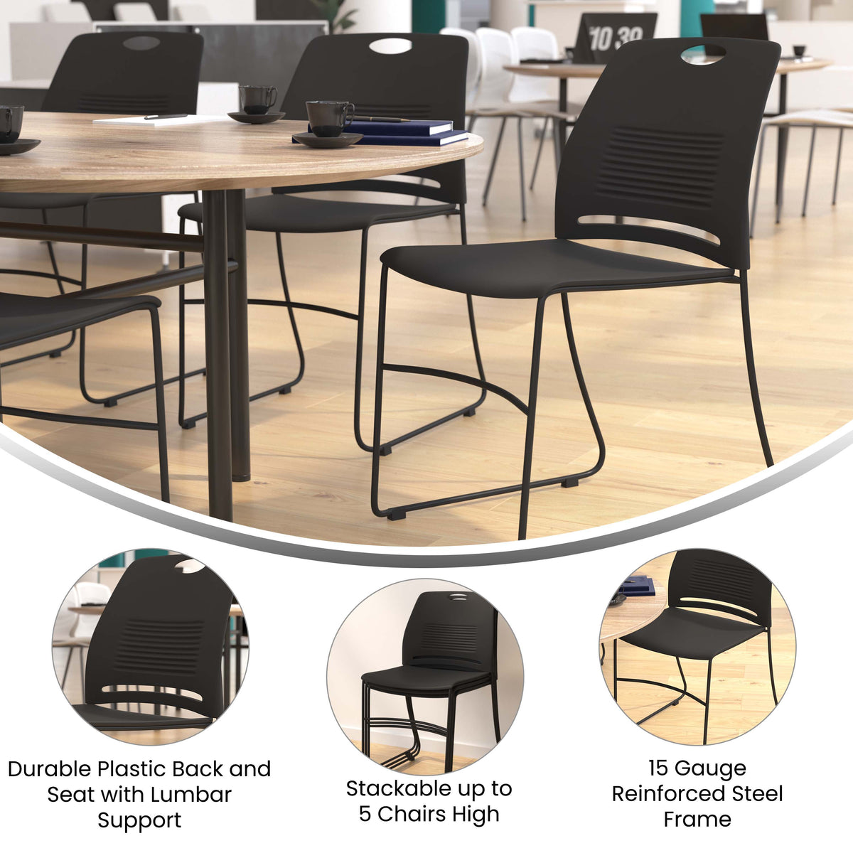 Black |#| Commercial Grade 660 LB. Capacity Plastic Stack Chair with Steel Sled Base-Black