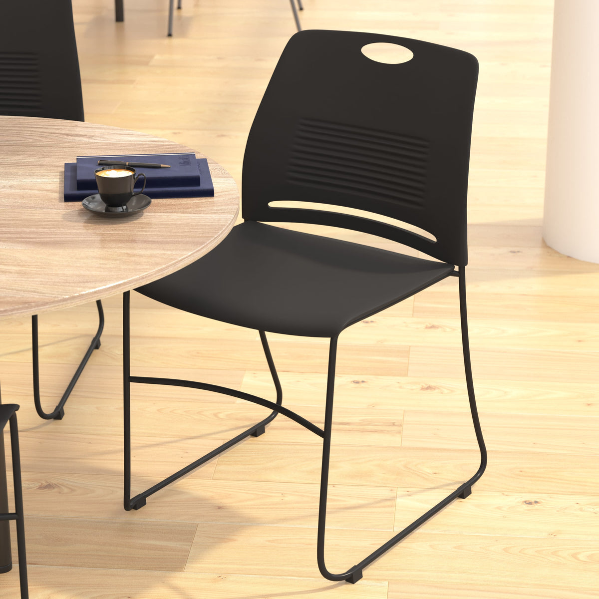 Black |#| Commercial Grade 660 LB. Capacity Plastic Stack Chair with Steel Sled Base-Black