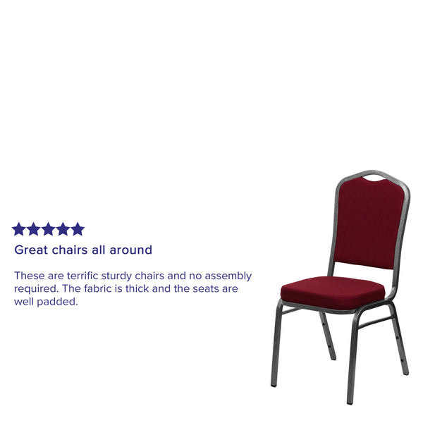 Burgundy Fabric/Silver Vein Frame |#| Crown Back Stacking Banquet Chair in Burgundy Fabric - Silver Vein Frame