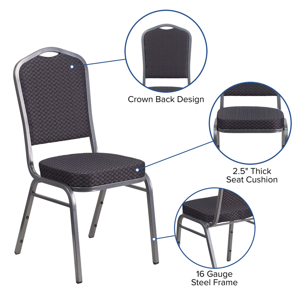 Black Patterned Fabric/Silver Vein Frame |#| Crown Back Stacking Banquet Chair in Black Patterned Fabric - Silver Vein Frame