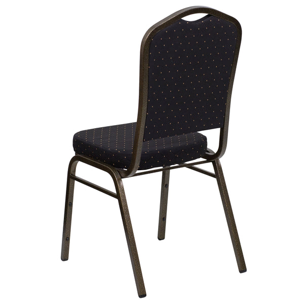 Black Patterned Fabric/Gold Vein Frame |#| Crown Back Stacking Banquet Chair in Black Patterned Fabric - Gold Vein Frame