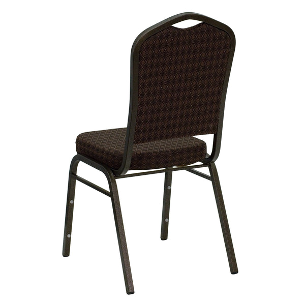 Brown Patterned Fabric/Gold Vein Frame |#| Crown Back Stacking Banquet Chair in Brown Patterned Fabric - Gold Vein Frame