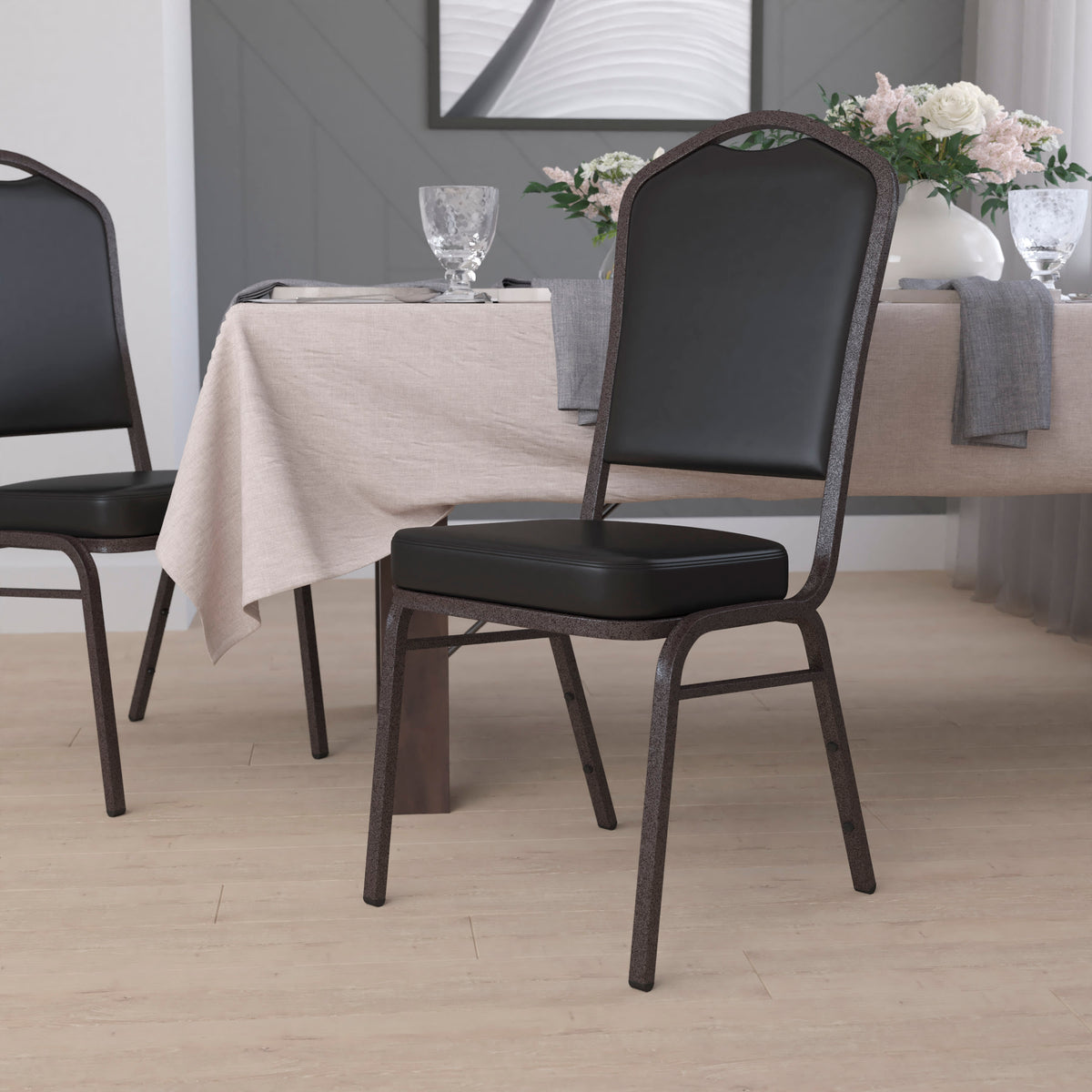 Black Vinyl/Gold Vein Frame |#| Crown Back Stacking Banquet Chair in Black Vinyl - Gold Vein Frame