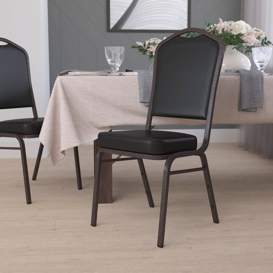 Black Vinyl/Gold Vein Frame |#| Crown Back Stacking Banquet Chair in Black Vinyl - Gold Vein Frame