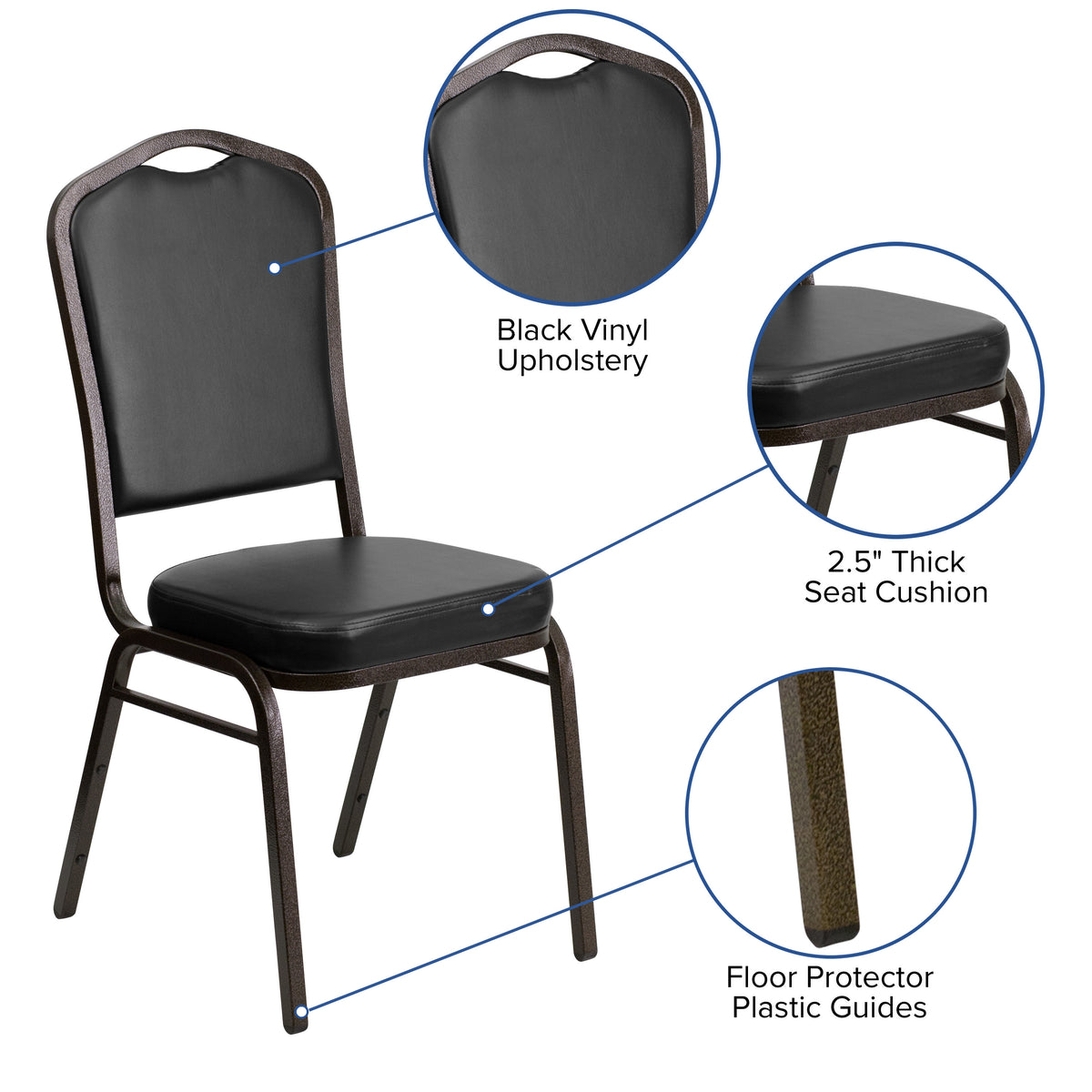 Black Vinyl/Gold Vein Frame |#| Crown Back Stacking Banquet Chair in Black Vinyl - Gold Vein Frame
