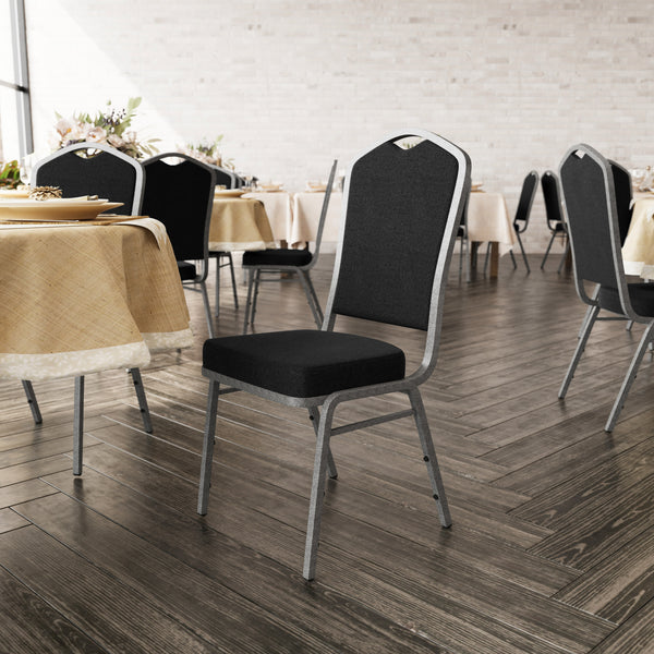 Black Fabric/Silver Vein Frame |#| Crown Back Stacking Banquet Chair in Black Fabric - Silver Vein Frame