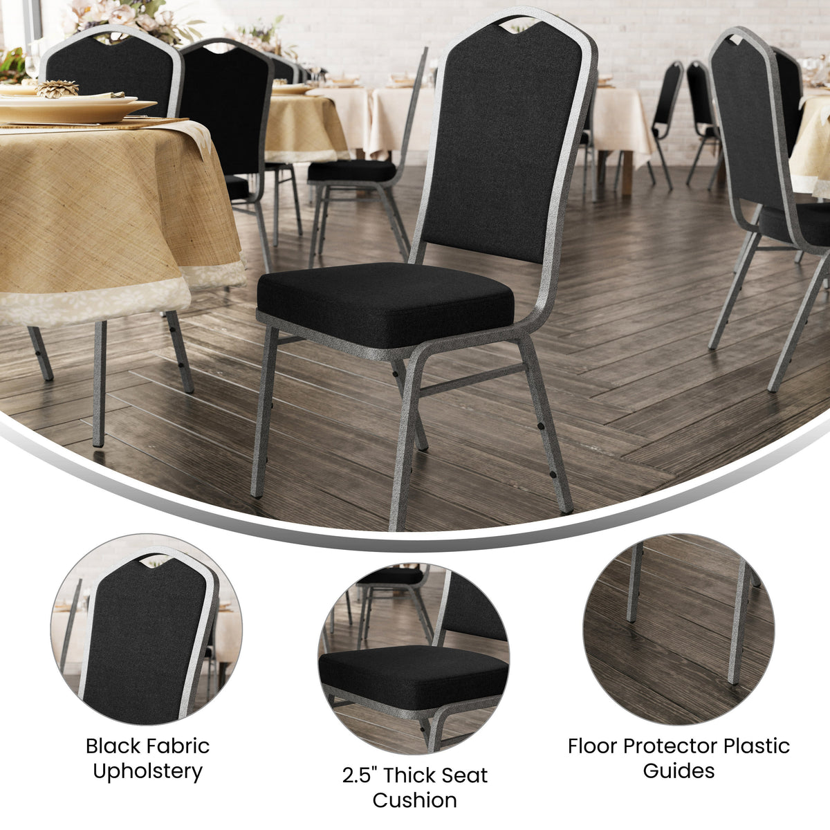 Black Fabric/Silver Vein Frame |#| Crown Back Stacking Banquet Chair in Black Fabric - Silver Vein Frame