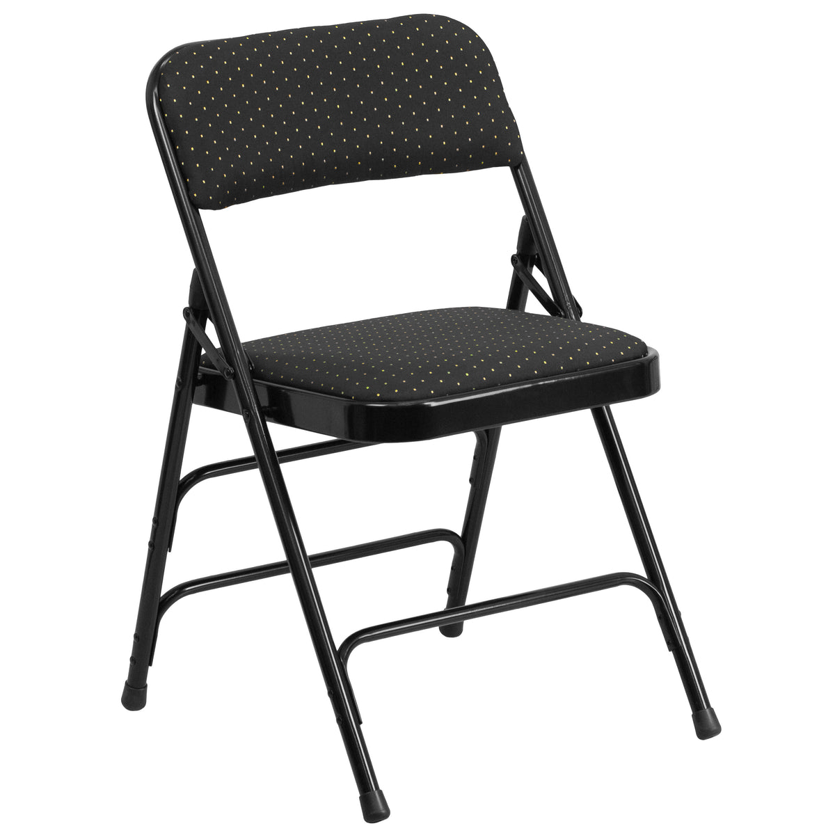 Black Patterned |#| Curved Triple Braced & Double Hinged Black Patterned Fabric Metal Folding Chair