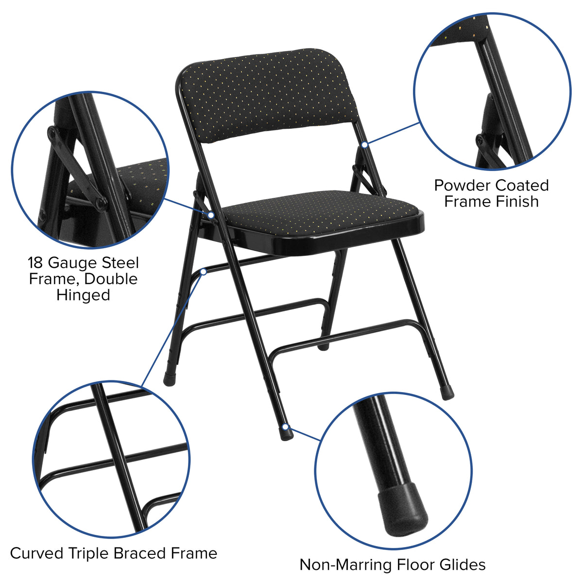 Black Patterned |#| Curved Triple Braced & Double Hinged Black Patterned Fabric Metal Folding Chair