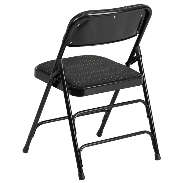 Black Patterned |#| Curved Triple Braced & Double Hinged Black Patterned Fabric Metal Folding Chair