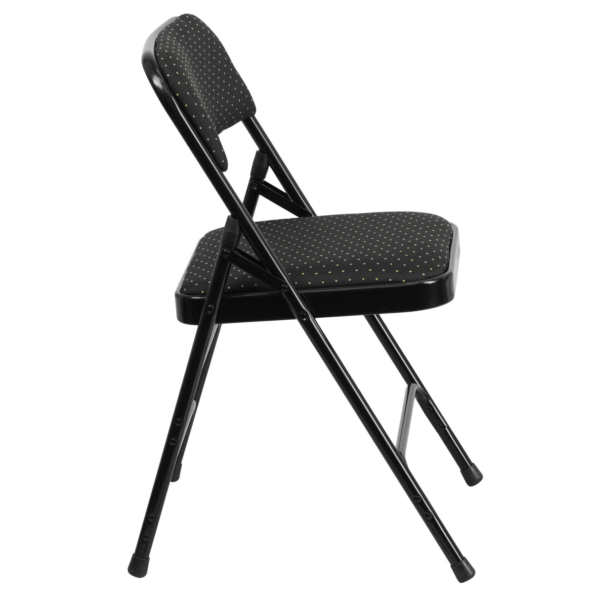 Black Patterned |#| Curved Triple Braced & Double Hinged Black Patterned Fabric Metal Folding Chair