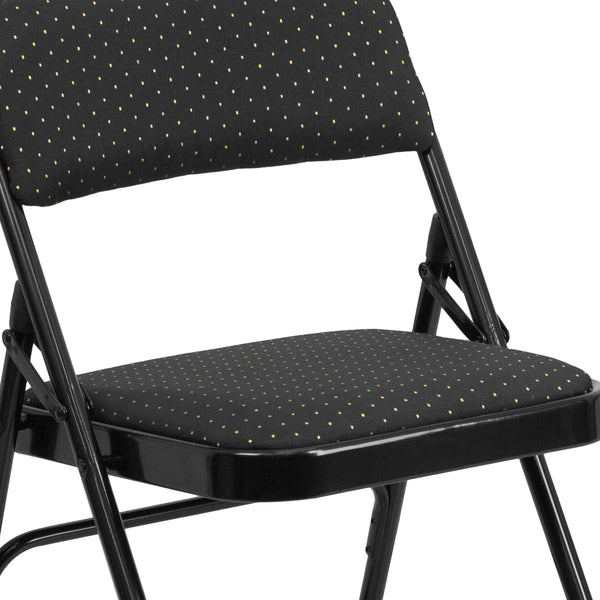 Black Patterned |#| Curved Triple Braced & Double Hinged Black Patterned Fabric Metal Folding Chair