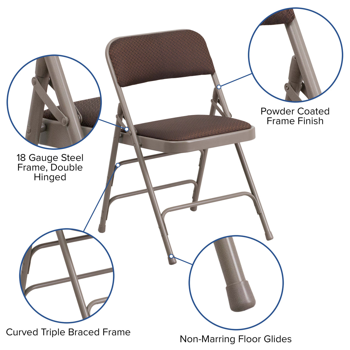 Brown Patterned |#| Curved Triple Braced & Double Hinged Brown Patterned Fabric Metal Folding Chair