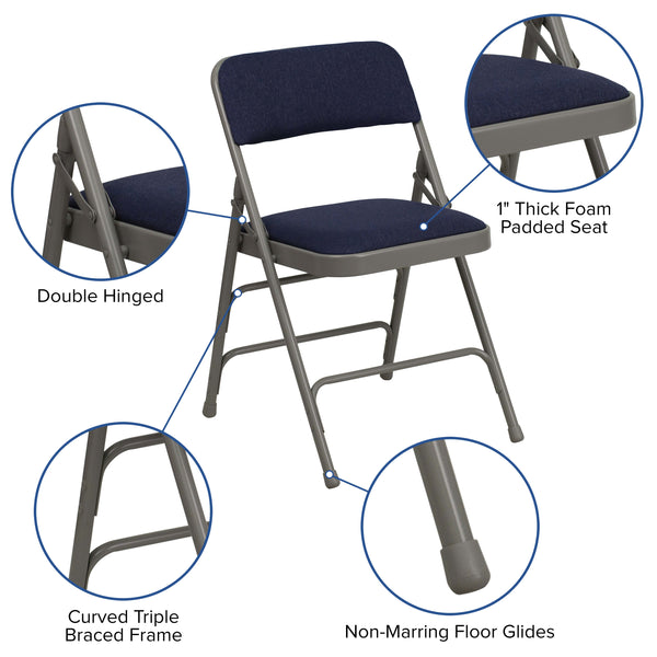 Navy Fabric/Gray Frame |#| Curved Triple Braced & Double Hinged Navy Fabric Metal Folding Chair