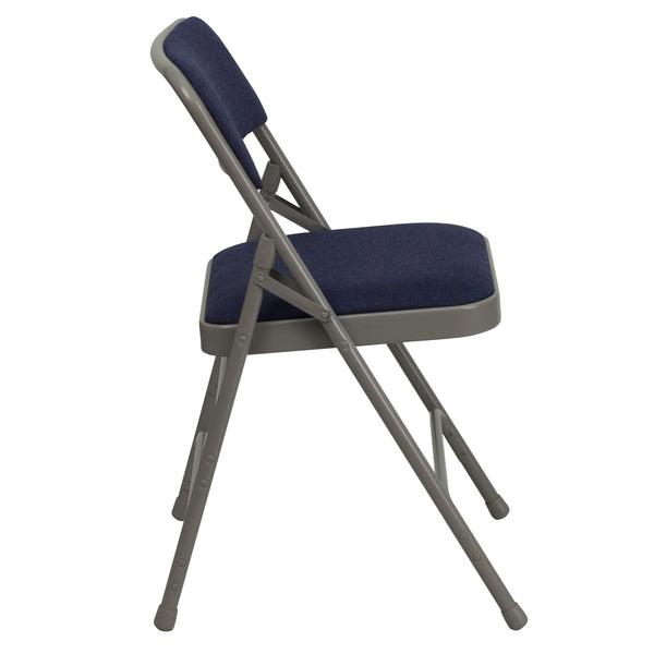 Navy Fabric/Gray Frame |#| Curved Triple Braced & Double Hinged Navy Fabric Metal Folding Chair