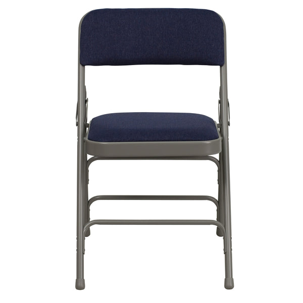 Navy Fabric/Gray Frame |#| Curved Triple Braced & Double Hinged Navy Fabric Metal Folding Chair