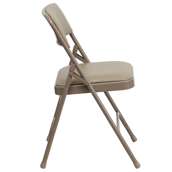 Beige Vinyl/Beige Frame |#| Curved Triple Braced & Double Hinged Beige Vinyl Metal Folding Chair