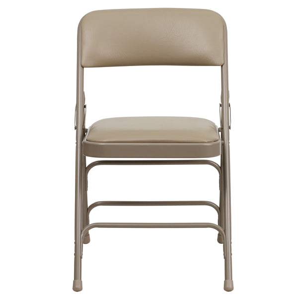 Beige Vinyl/Beige Frame |#| Curved Triple Braced & Double Hinged Beige Vinyl Metal Folding Chair