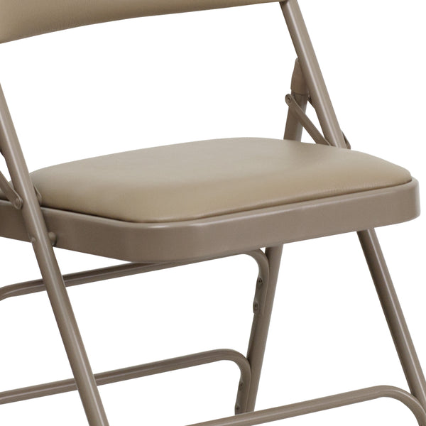 Beige Vinyl/Beige Frame |#| Curved Triple Braced & Double Hinged Beige Vinyl Metal Folding Chair