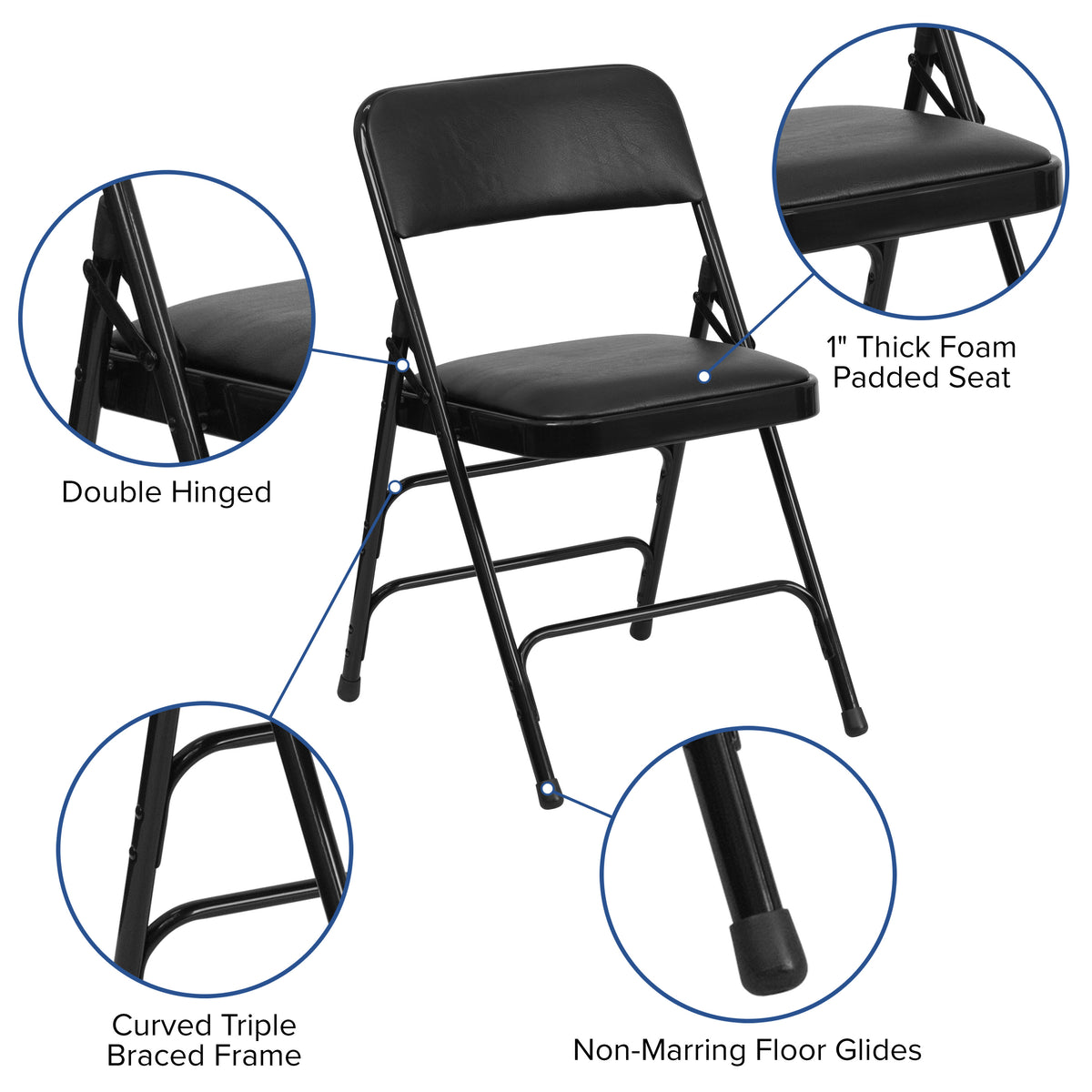 Black Vinyl/Black Frame |#| Curved Triple Braced & Double Hinged Black Vinyl Metal Folding Chair